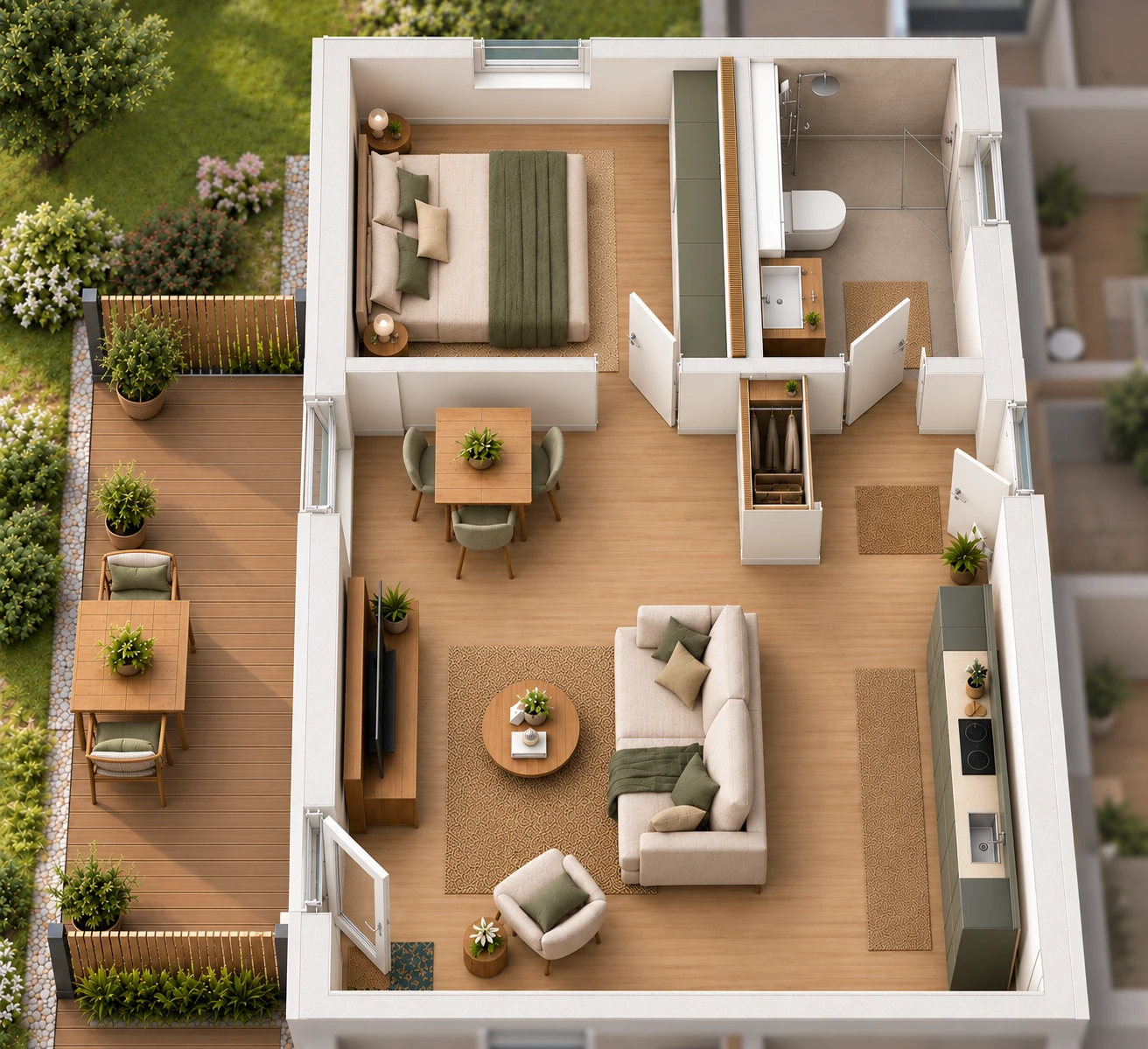 Visualisierung einer Wohnung im betreuten Wohnen mit Schlafzimmer, Bad, Wohnbereich, Küche und Terrasse