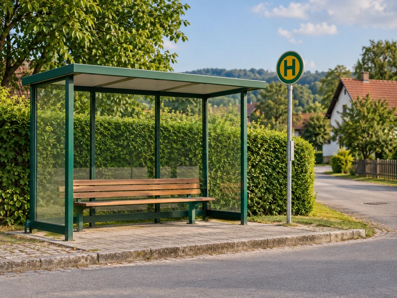 Symbolbild einer dörflichen Bushaltestelle vor einer grünen Hecke