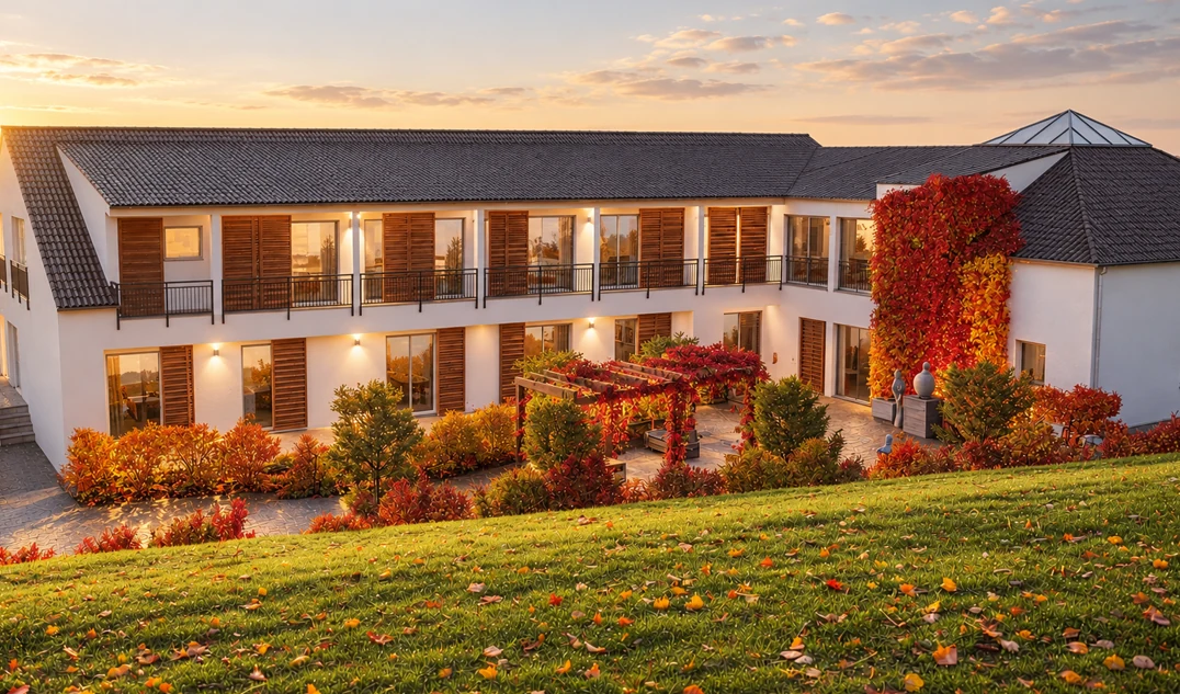 Architekturvisualisierung des Magauer Hofs mit herbstlichem Garten im warmen Morgenlicht