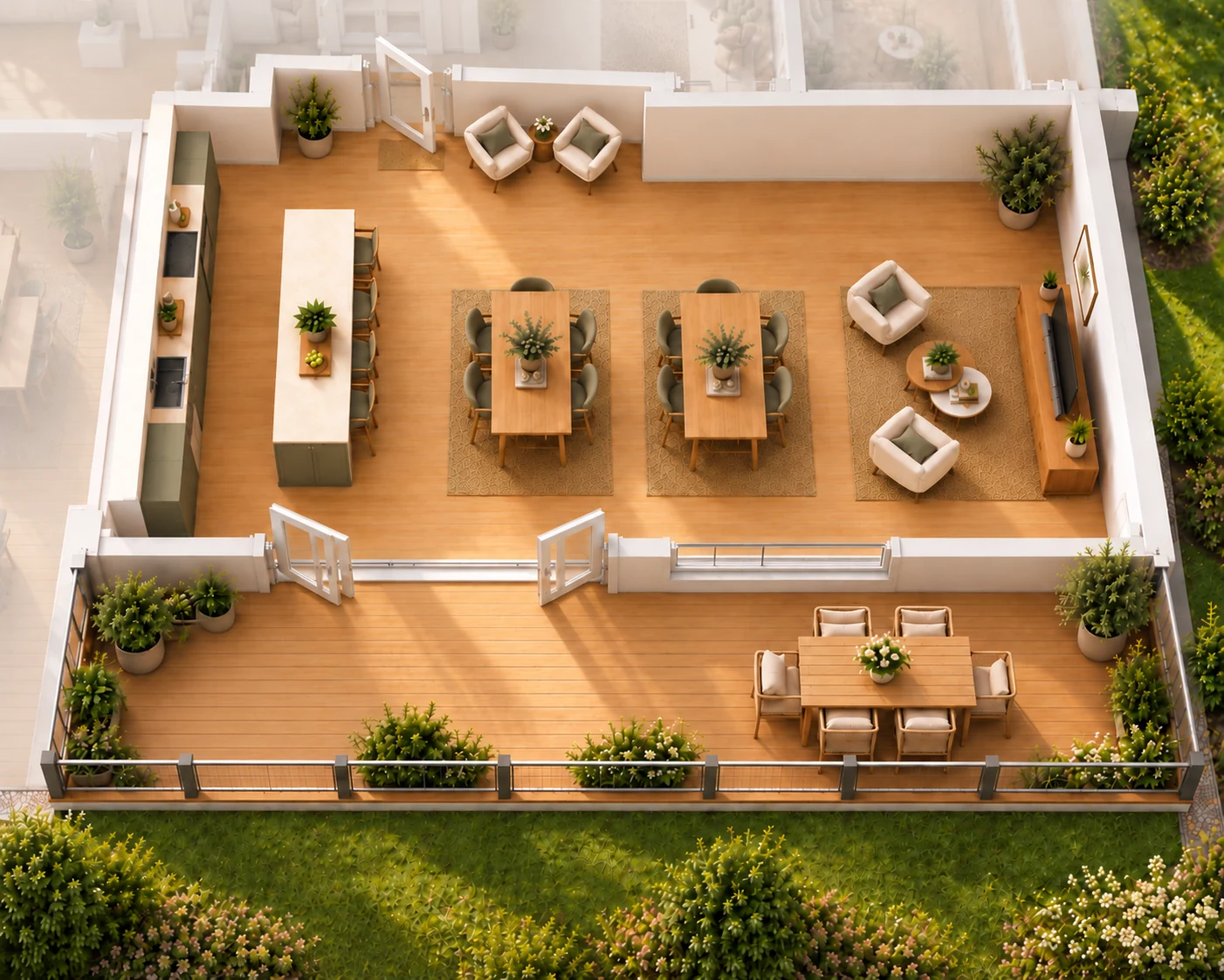 Visualisierung des Gemeinschaftsraums mit Küche, Essplatz, Sitzbereich und Balkon